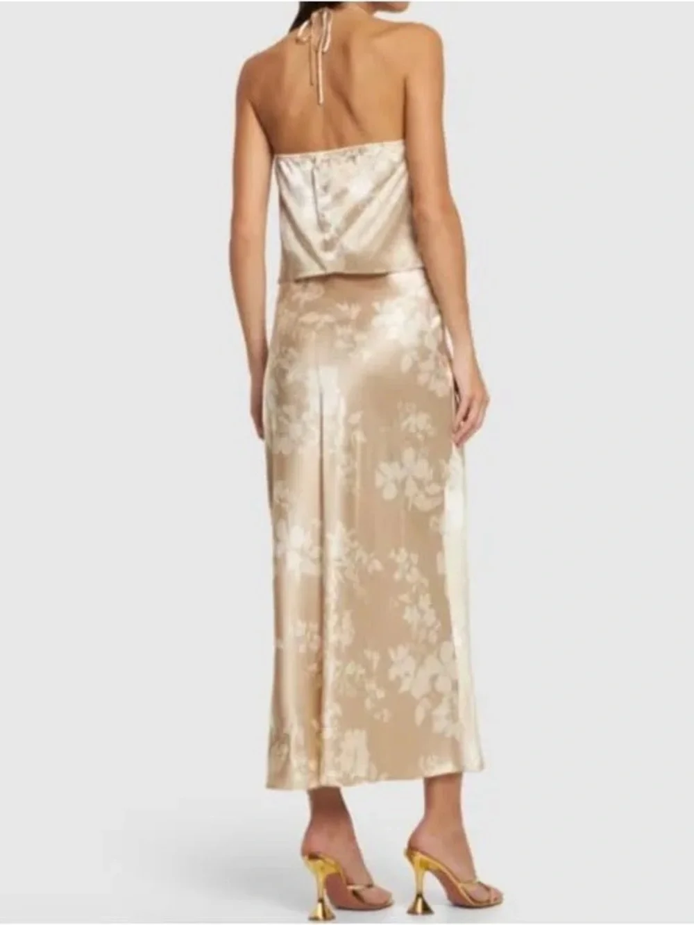 Reformation Champagne Beba Silk Satin Top & Midi Skirt Set